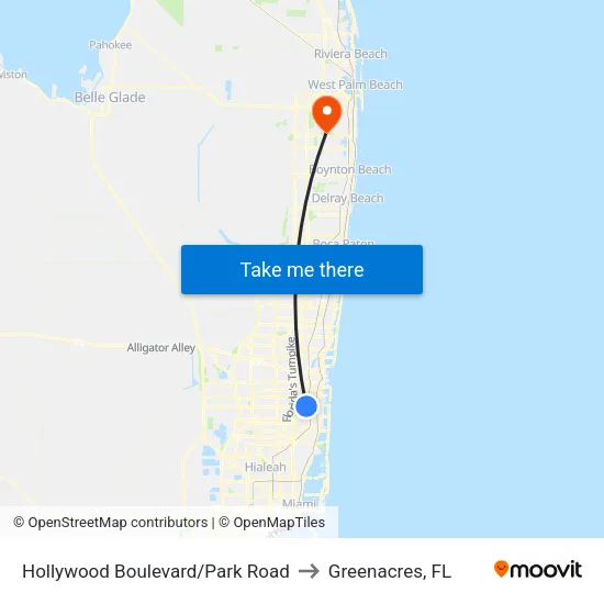 Hollywood Boulevard/Park Road to Greenacres, FL map