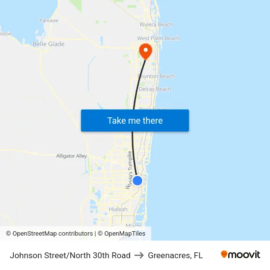 Johnson Street/North 30th Road to Greenacres, FL map