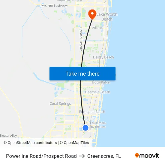 Powerline Road/Prospect Road to Greenacres, FL map