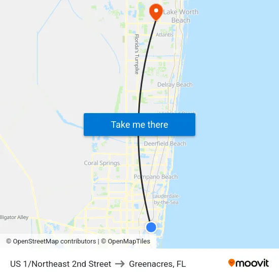 US 1/Northeast 2nd Street to Greenacres, FL map