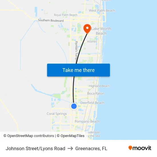 Johnson Street/Lyons Road to Greenacres, FL map