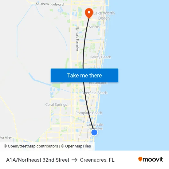 A1A/Northeast 32nd Street to Greenacres, FL map
