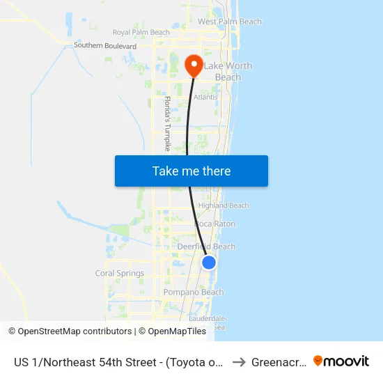 US 1/Northeast 54th Street - (Toyota of Deerfield Beach) to Greenacres, FL map