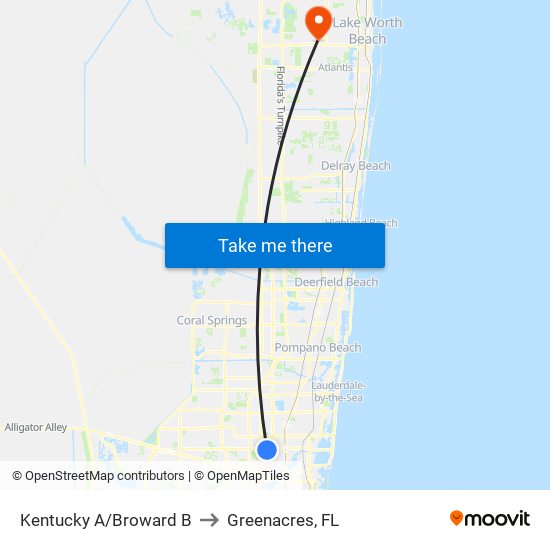 Kentucky A/Broward B to Greenacres, FL map