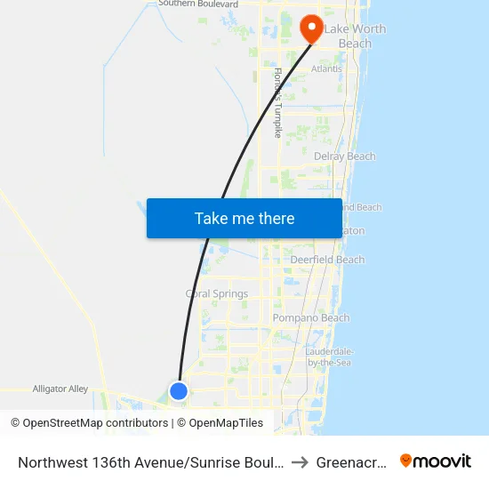 Northwest 136th Avenue/Sunrise Boulevard (South) to Greenacres, FL map