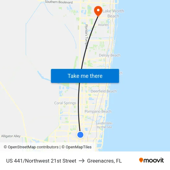 US 441/Northwest 21st Street to Greenacres, FL map