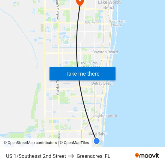 US 1/Southeast 2nd Street to Greenacres, FL map
