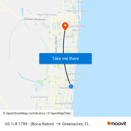 US 1/# 1799 - (Boca Raton) to Greenacres, FL map