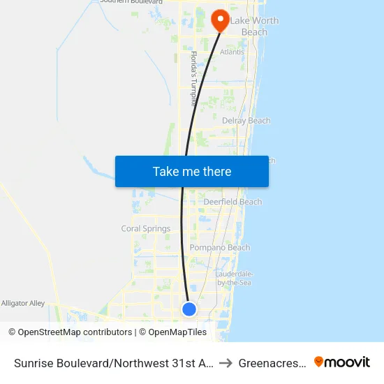 Sunrise Boulevard/Northwest 31st Avenue to Greenacres, FL map