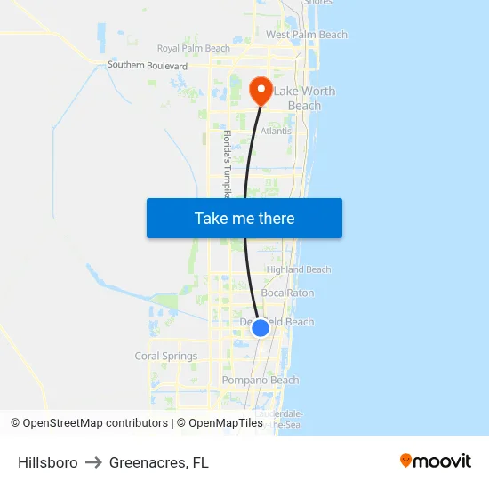 Hillsboro to Greenacres, FL map