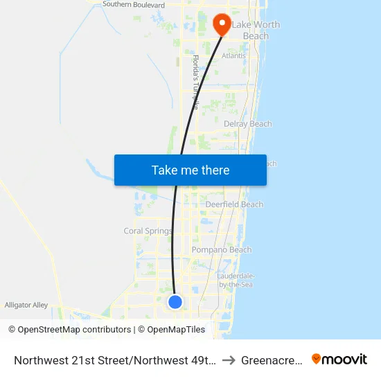 Northwest 21st Street/Northwest 49th Avenue to Greenacres, FL map