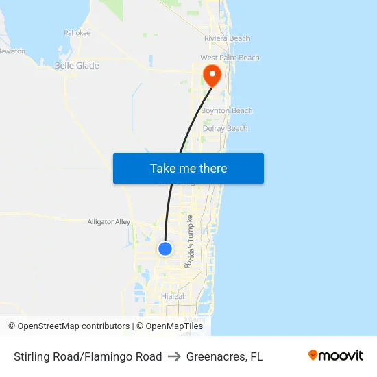 Stirling Road/Flamingo Road to Greenacres, FL map