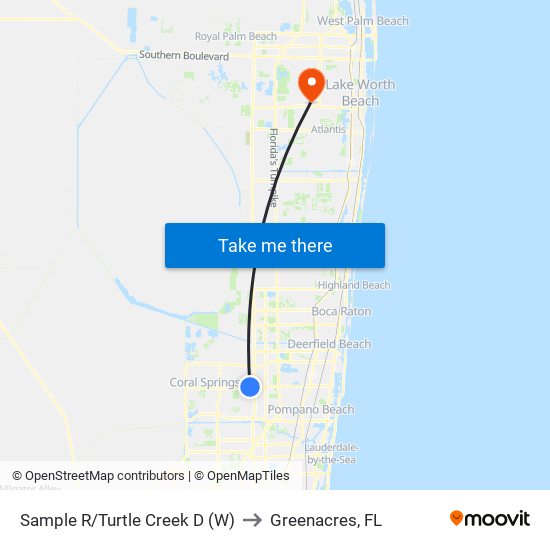 Sample R/Turtle Creek D (W) to Greenacres, FL map