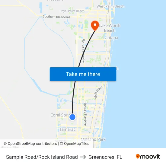 Sample Road/Rock Island Road to Greenacres, FL map