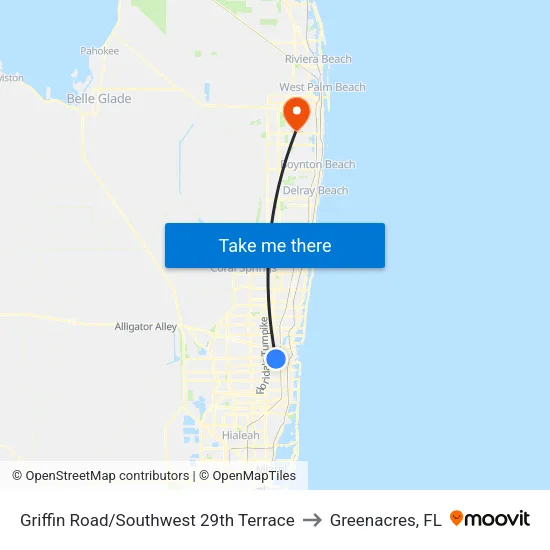 Griffin Road/Southwest 29th Terrace to Greenacres, FL map