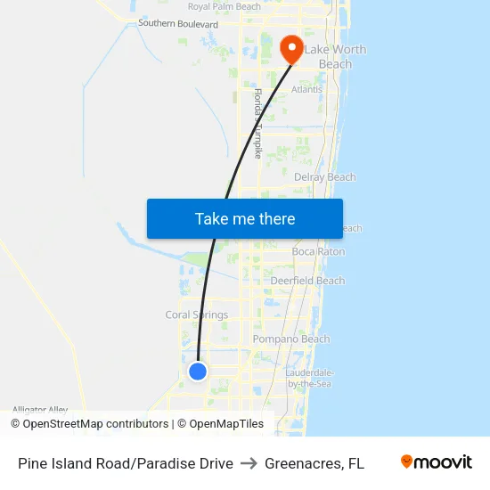 Pine Island Road/Paradise Drive to Greenacres, FL map