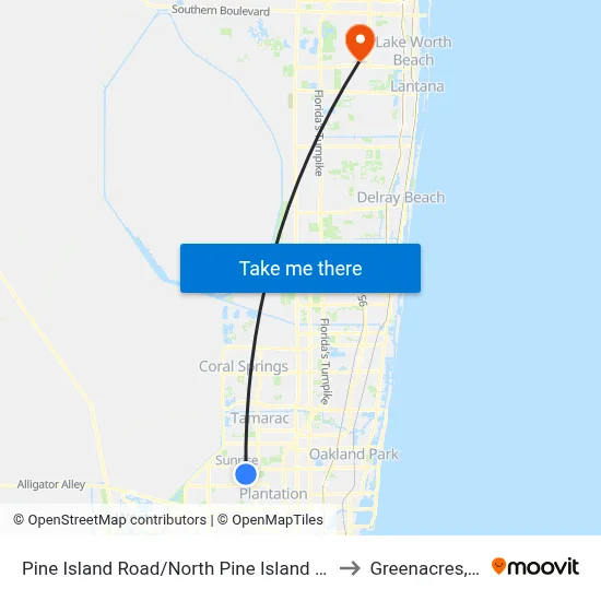 Pine Island Road/North Pine Island Road to Greenacres, FL map
