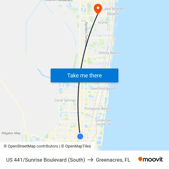 US 441/Sunrise Boulevard (South) to Greenacres, FL map