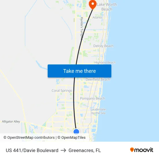 US 441/Davie Boulevard to Greenacres, FL map