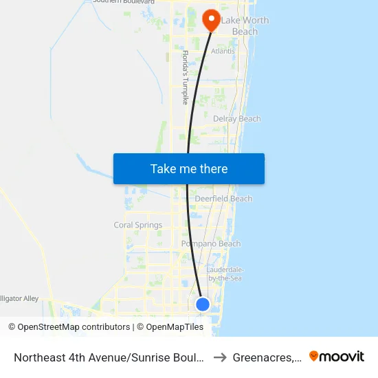 Northeast 4th Avenue/Sunrise Boulevard to Greenacres, FL map