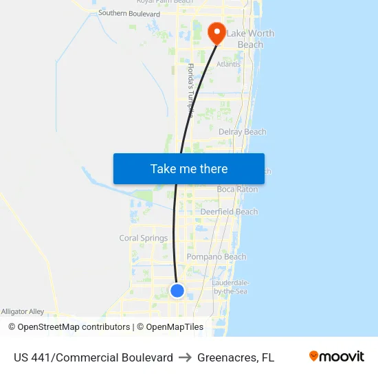 US 441/Commercial Boulevard to Greenacres, FL map