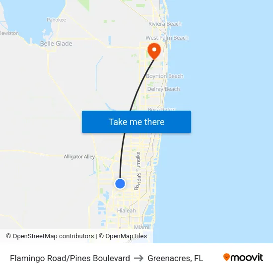Flamingo Road/Pines Boulevard to Greenacres, FL map