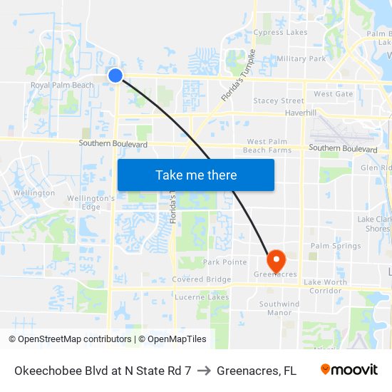 Okeechobee Blvd at N State Rd 7 to Greenacres, FL map