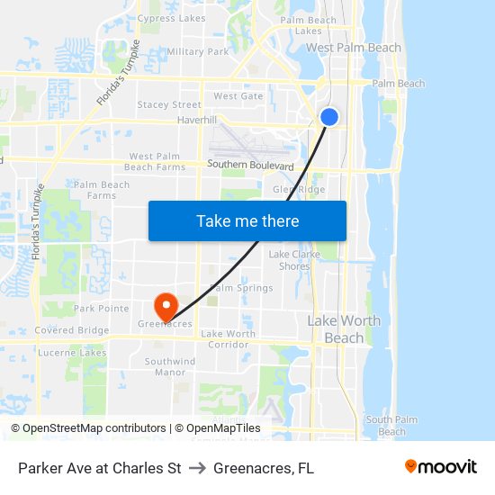 Parker Ave at Charles St to Greenacres, FL map