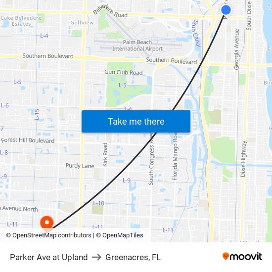 Parker Ave at Upland to Greenacres, FL map