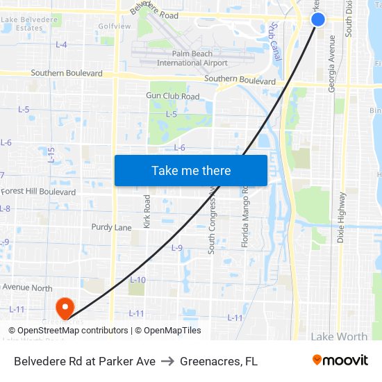 Belvedere Rd at  Parker Ave to Greenacres, FL map