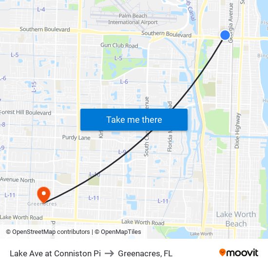 Lake Ave at Conniston Pi to Greenacres, FL map