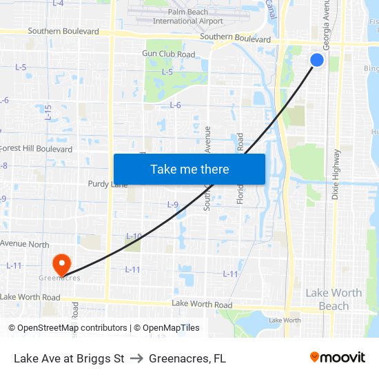Lake Ave at Briggs St to Greenacres, FL map