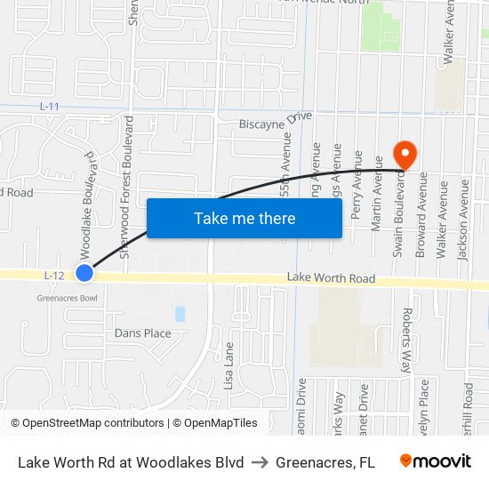 Lake Worth Rd at Woodlakes Blvd to Greenacres, FL map