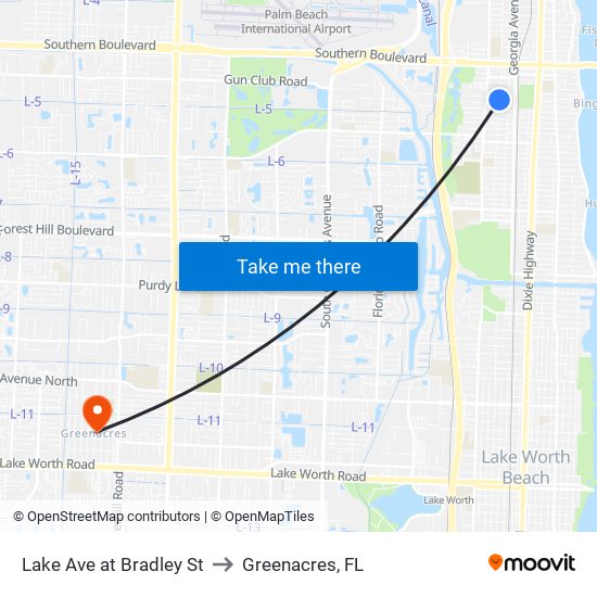Lake Ave at Bradley St to Greenacres, FL map