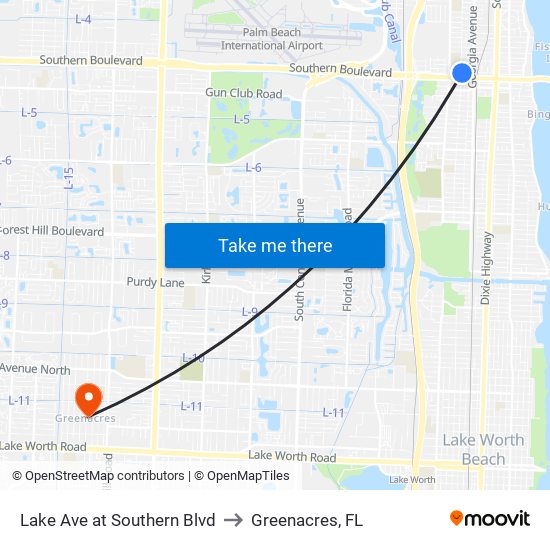 Lake Ave at Southern Blvd to Greenacres, FL map