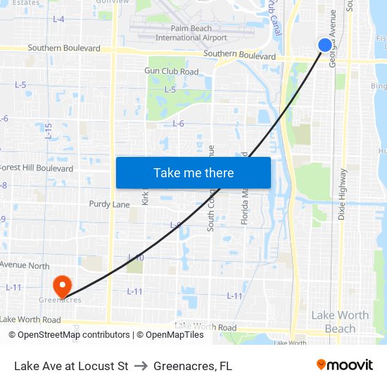 Lake Ave at Locust St to Greenacres, FL map