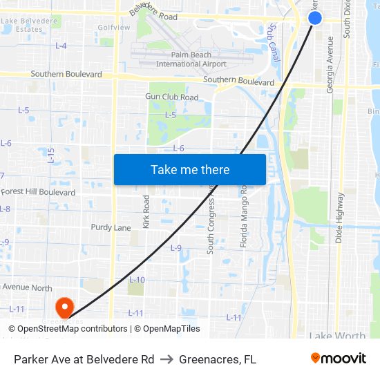 Parker Ave at Belvedere Rd to Greenacres, FL map