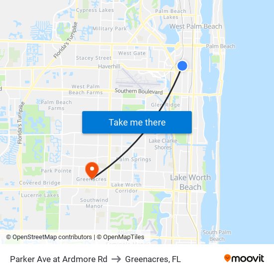 Parker Ave at Ardmore Rd to Greenacres, FL map