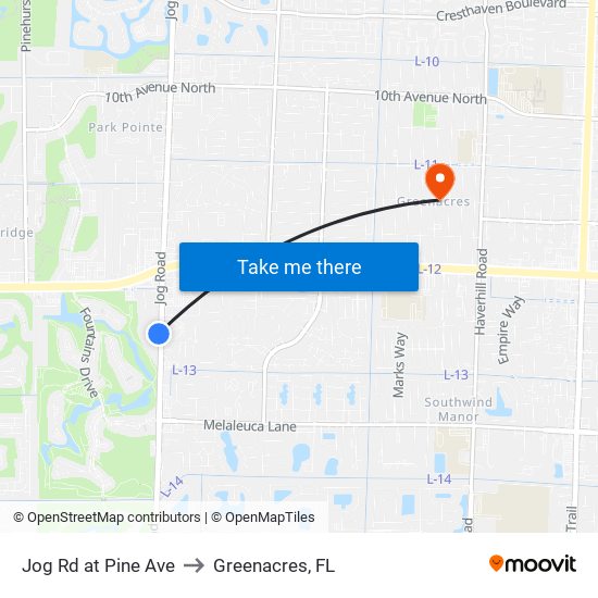 Jog Rd at Pine Ave to Greenacres, FL map