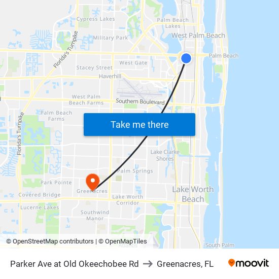 Parker Ave at Old Okeechobee Rd to Greenacres, FL map