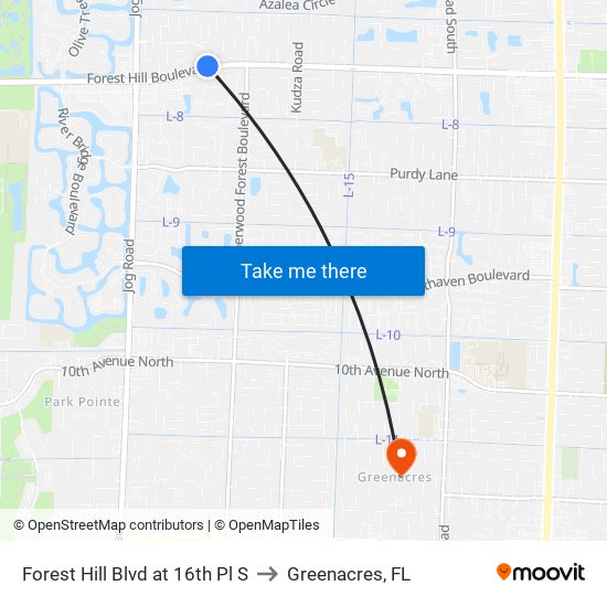 Forest Hill Blvd at 16th Pl S to Greenacres, FL map