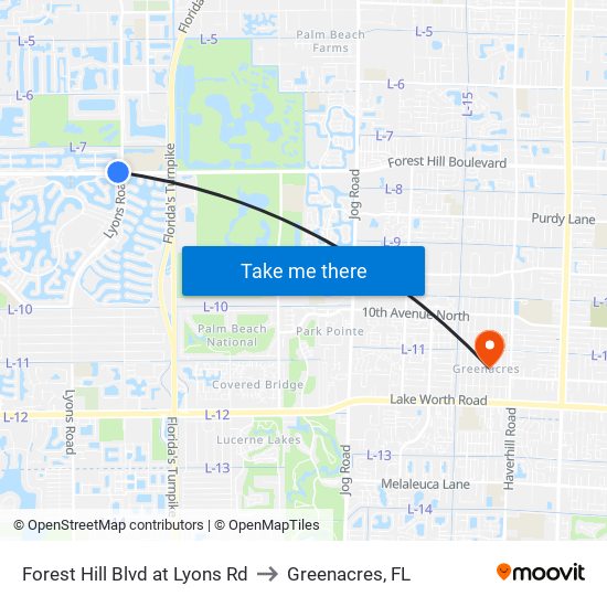 Forest Hill Blvd at Lyons Rd to Greenacres, FL map