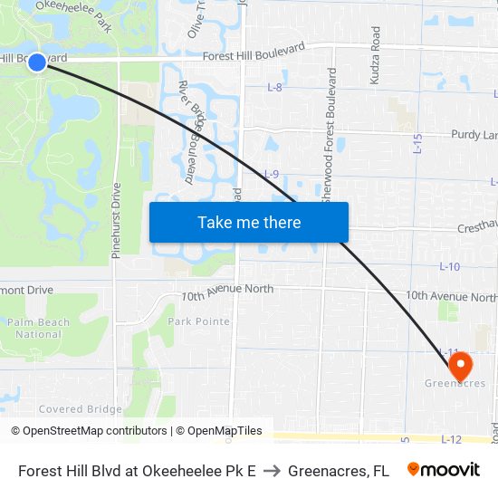 Forest Hill Blvd at Okeeheelee Pk E to Greenacres, FL map
