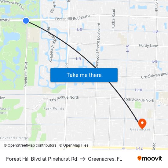Forest Hill Blvd at Pinehurst Rd to Greenacres, FL map