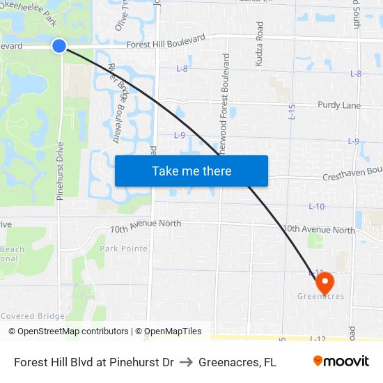 Forest Hill Blvd at Pinehurst Dr to Greenacres, FL map