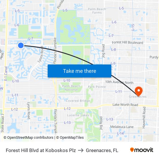Forest Hill Blvd at Koboskos Plz to Greenacres, FL map