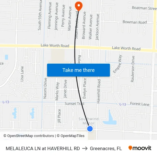 MELALEUCA LN at  HAVERHILL RD to Greenacres, FL map