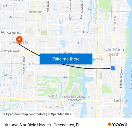 6th Ave S at Dixie Hwy to Greenacres, FL map