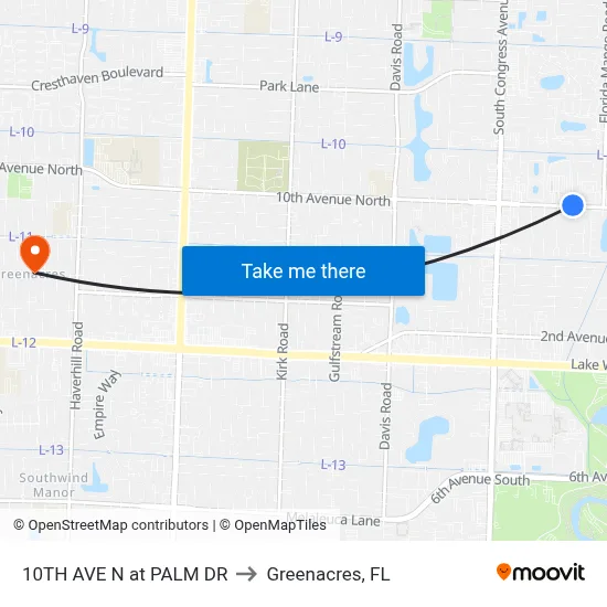10TH AVE N at PALM DR to Greenacres, FL map