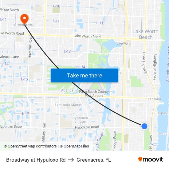 Broadway at Hypuloxo Rd to Greenacres, FL map